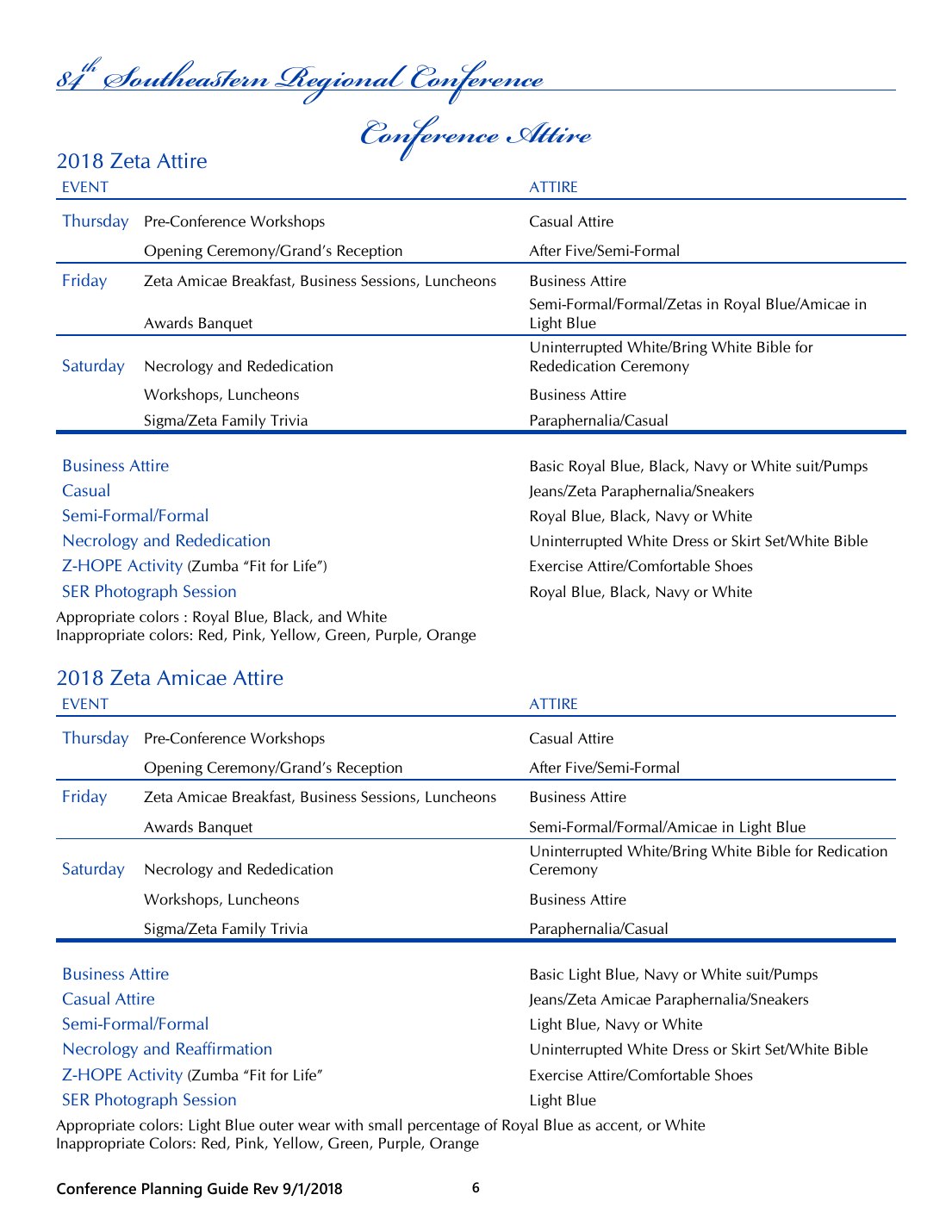 Page 6 of the 2018 Southeastern Regional Conference Planning Guide listing conference attire by event