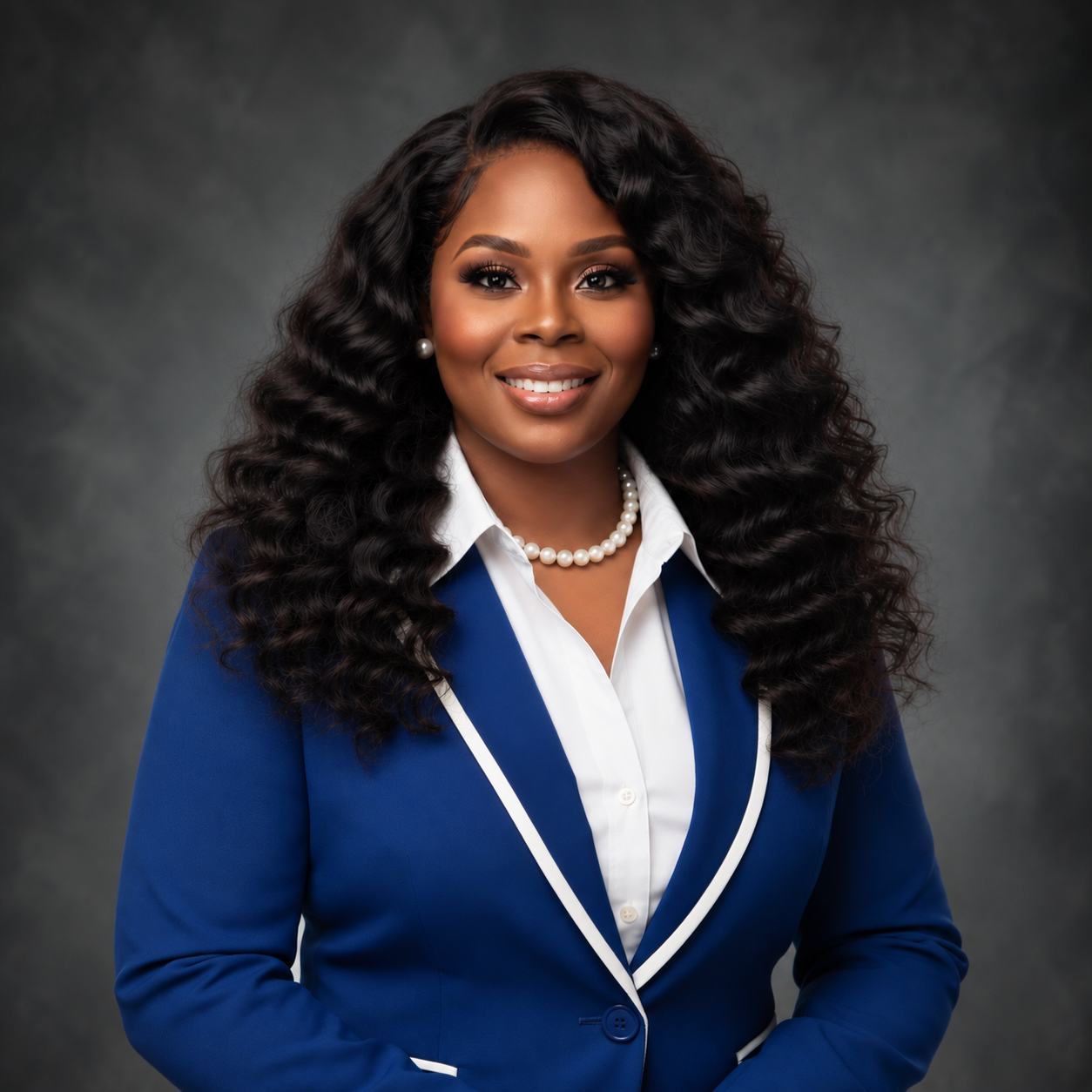 Latoya Jeeter in a royal blue suit with white trim